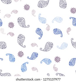 Dark Pink, Blue vector seamless doodle backdrop with leaves and flowers. Decorative design in Indian style on white background. Texture for window blinds, curtains.
