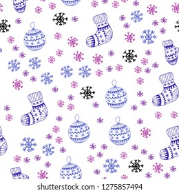 Dark Pink, Blue vector seamless template with ice snowflakes, balls, socks, mittens. Shining colorful illustration in christmas style. Pattern for design of fabric, wallpapers.