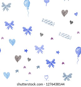 Dark Pink, Blue vector seamless template in carnival style. Shining illustration with aheart, baloon, candy, gift, star, ribbon. Design for colorful commercials.