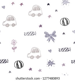 Dark Pink, Blue vector seamless template with carnival elements. Shining illustration with a toy car, heart, baloon, tulip, candy, ball. Design for holiday adverts.