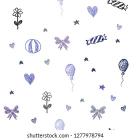Dark Pink, Blue vector seamless template in carnival style. Shining illustration with aheart, baloon, candy, gift, star, ribbon. Design for colorful commercials.