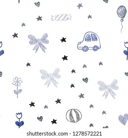 Dark Pink, Blue vector seamless template with carnival elements. Colorful illustration with a toy car, heart, baloon, tulip, candy, ball. Template for new year postcards.