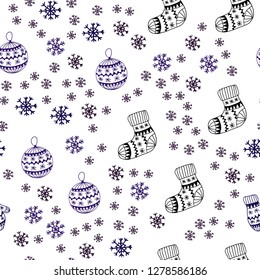 Dark Pink, Blue vector seamless layout with bright snowflakes, balls, socks, mittens. Modern geometric abstract illustration. Design for wallpaper, fabric makers.