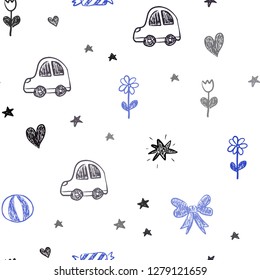 Dark Pink, Blue vector seamless layout with new year gifts. Colorful illustration with a toy car, heart, baloon, tulip, candy, ball. Pattern for carnival, festival ads.