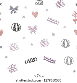 Dark Pink, Blue vector seamless backdrop in holiday style. Design in xmas style with aheart, baloon, candy, gift, star, ribbon. Pattern for carnival, festival ads.