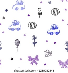 Dark Pink, Blue vector seamless pattern with christmas toys. Design in xmas style with a toy car, heart, baloon, tulip, candy, ball. Pattern for new year ads.