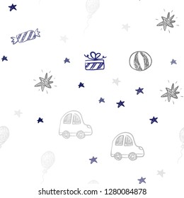 Dark Pink, Blue vector seamless background in xmas style. Abstract illustration with a toy car, baloon, candy, star, ball. Pattern for carnival, festival ads.