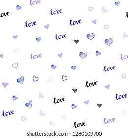 Dark Pink, Blue vector seamless background with words of love, hearts. Design in doodle style with text LOVE YOU, hearts. Texture for window blinds, curtains.