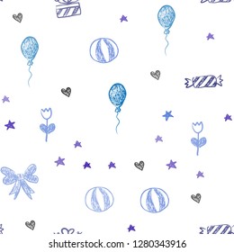 Dark Pink, Blue vector seamless template with carnival elements. Design in xmas style with a toy car, heart, baloon, tulip, candy, ball. Template for new year postcards.