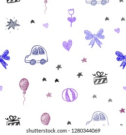 Dark Pink, Blue vector seamless template with carnival elements. Design in xmas style with a toy car, heart, baloon, tulip, candy, ball. Design for holiday adverts.