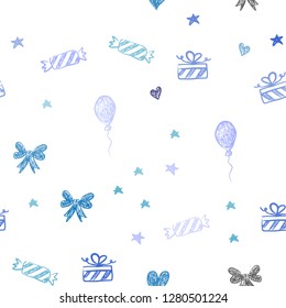 Dark Pink, Blue vector seamless pattern in christmas style. Illustration with a colorfulheart, baloon, candy, gift, star, ribbon. Pattern for birthday gifts.