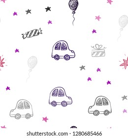 Dark Pink, Blue vector seamless backdrop in holiday style. Illustration with a gradient toy car, baloon, candy, star, ball. Pattern for new year ads.