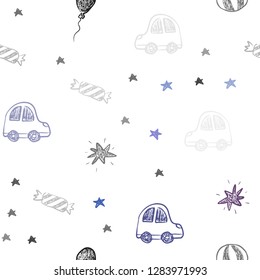Dark Pink, Blue vector seamless backdrop in holiday style. Shining illustration with a toy car, baloon, candy, star, ball. Pattern for carnival, festival ads.