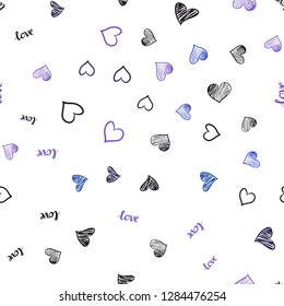 Dark Pink, Blue vector seamless background with words of love, hearts. Illustration with words of love, hearts in abstract style. Design for textile, fabric, wallpapers.