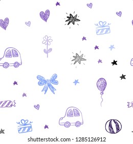 Dark Pink, Blue vector seamless background with xmas attributes. Abstract illustration with a toy car, heart, baloon, tulip, candy, ball. Pattern for carnival, festival ads.