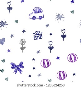 Dark Pink, Blue vector seamless pattern with christmas toys. Illustration with a gradient toy car, heart, baloon, tulip, candy, ball. Template for new year postcards.
