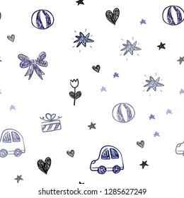 Dark Pink, Blue vector seamless pattern with christmas toys. Illustration with a colorful toy car, heart, baloon, tulip, candy, ball. Pattern for birthday gifts.