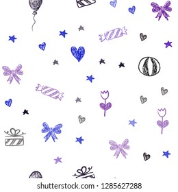 Dark Pink, Blue vector seamless backdrop in holiday style. Design in xmas style with aheart, baloon, candy, gift, star, ribbon. Pattern for birthday gifts.