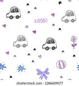 Dark Pink, Blue vector seamless template with carnival elements. Abstract illustration with a toy car, heart, baloon, tulip, candy, ball. Design for holiday adverts.