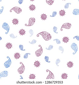 Dark Pink, Blue vector seamless doodle pattern with leaves and flowers. Decorative design in Indian style on white background. Design for wallpaper, fabric makers.