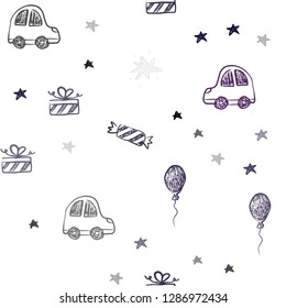 Dark Pink, Blue vector seamless backdrop in holiday style. Illustration with a colorful toy car, baloon, candy, star, ball. Design for holiday adverts.