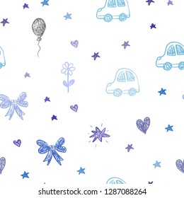 Dark Pink, Blue vector seamless background with xmas attributes. Design in xmas style with a toy car, heart, baloon, tulip, candy, ball. Pattern for new year ads.