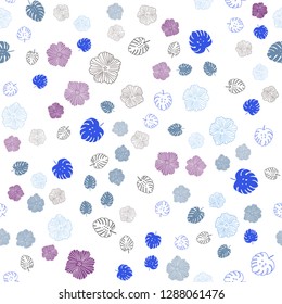 Dark Pink, Blue vector seamless elegant pattern with leaves, flowers. Sketchy doodles on white background. Pattern for design of fabric, wallpapers.