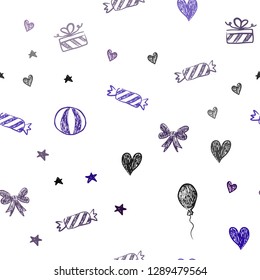 Dark Pink, Blue vector seamless backdrop in holiday style. Design in xmas style with aheart, baloon, candy, gift, star, ribbon. Design for colorful commercials.