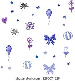 Dark Pink, Blue vector seamless texture with birthday gifts. Abstract illustration with a toy car, heart, baloon, tulip, candy, ball. Pattern for new year ads.