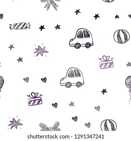 Dark Pink, Blue vector seamless template with carnival elements. Colorful illustration with a toy car, heart, baloon, tulip, candy, ball. Template for new year postcards.