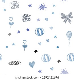 Dark Pink, Blue vector seamless template with carnival elements. Illustration with a gradient toy car, heart, baloon, tulip, candy, ball. Pattern for birthday gifts.