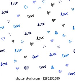 Dark Pink, Blue vector seamless background with words of love, hearts. Colorful gradient phrase LOVE YOU, hearts in abstract style. Pattern for design of fabric, wallpapers.