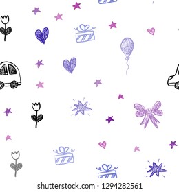 Dark Pink, Blue vector seamless texture with birthday gifts. Illustration with a colorful toy car, heart, baloon, tulip, candy, ball. Design for colorful commercials.