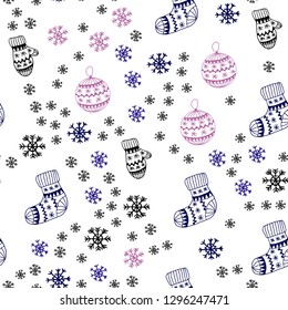 Dark Pink, Blue vector seamless template with ice snowflakes, balls, socks, mittens. Modern geometric abstract illustration. Pattern for design of fabric, wallpapers.