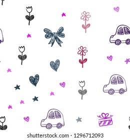 Dark Pink, Blue vector seamless layout with new year gifts. Illustration with a gradient toy car, heart, baloon, tulip, candy, ball. Pattern for carnival, festival ads.