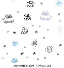 Dark Pink, Blue vector seamless background in xmas style. Abstract illustration with a toy car, baloon, candy, star, ball. Design for colorful commercials.