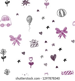 Dark Pink, Blue vector seamless backdrop with holiday gifts. Illustration with a colorful toy car, heart, baloon, tulip, candy, ball. Design for holiday adverts.