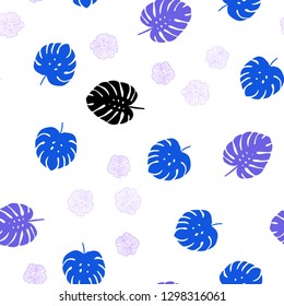 Dark Pink, Blue vector seamless doodle texture with flowers, leaves. Creative illustration in blurred style with leaves, flowers. Design for textile, fabric, wallpapers.
