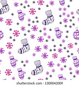 Dark Pink, Blue vector seamless layout with bright snowflakes, balls, socks, mittens. Glitter abstract illustration with gradient. Design for wallpaper, fabric makers.