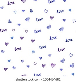 Dark Pink, Blue vector seamless texture with words LOVE YOU, hearts. Illustration with phrase LOVE YOU, hearts for valentine's day. Template for business cards, websites.