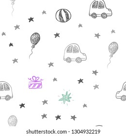 Dark Pink, Blue vector seamless template in carnival style. Illustration with a gradient toy car, baloon, candy, star, ball. Design for colorful commercials.