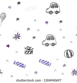 Dark Pink, Blue vector seamless backdrop in holiday style. Colorful illustration with a toy car, baloon, candy, star, ball. Pattern for carnival, festival ads.