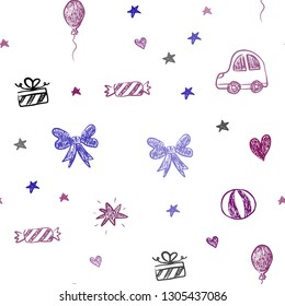 Dark Pink, Blue vector seamless background with xmas attributes. Illustration with a colorful toy car, heart, baloon, tulip, candy, ball. Design for holiday adverts.