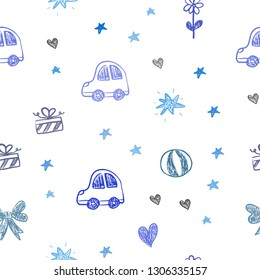 Dark Pink, Blue vector seamless pattern with christmas toys. Shining illustration with a toy car, heart, baloon, tulip, candy, ball. Pattern for carnival, festival ads.