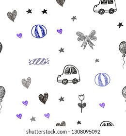 Dark Pink, Blue vector seamless backdrop with holiday gifts. Illustration with a colorful toy car, heart, baloon, tulip, candy, ball. Template for new year postcards.