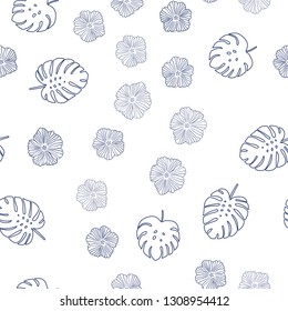 Dark Pink, Blue vector seamless natural background with flowers, leaves. Sketchy doodles on white background. Pattern for design of fabric, wallpapers.
