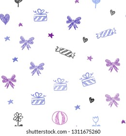 Dark Pink, Blue vector seamless pattern in christmas style. Abstract illustration with aheart, baloon, candy, gift, star, ribbon. Pattern for carnival, festival ads.