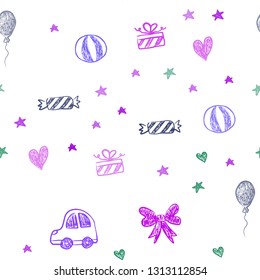Dark Pink, Blue vector seamless pattern with christmas toys. Illustration with a gradient toy car, heart, baloon, tulip, candy, ball. Template for new year postcards.