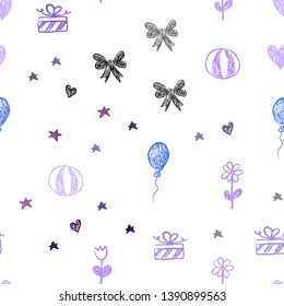 Dark Pink, Blue vector seamless pattern in christmas style. Shining illustration with aheart, baloon, candy, gift, star, ribbon. Design for holiday adverts.