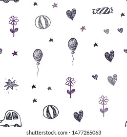 Dark Pink, Blue vector seamless template with carnival elements. Colorful illustration with a toy car, heart, baloon, tulip, candy, ball. Pattern for new year ads.